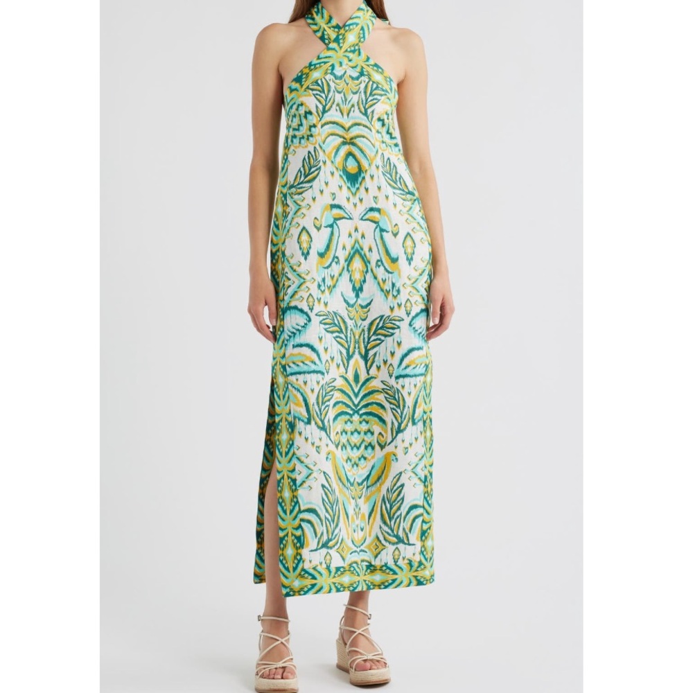 NWT Farm Rio Tropical Tapestry Halter Linen Maxi Sun Dress Off White Green M - Picture 3 of 16